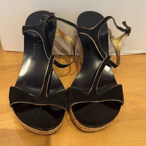 Anne Klein New York Black Velvet and Gold Cork Wedge Heels - 8.5